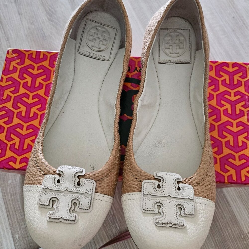 Tory Burch Carita White Natural Beach Woven Straw Leather Ballet Flats Size 8.5